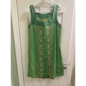 Floreat Anthropologie Dress Sz 2 Green‎ Beaded Embroidery Tank Cotton Lined